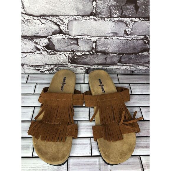 MINNETONKA Daisy Brown Fringe Suede Leather Slides Sandals Women Sz 10M US/41EU - Picture 15 of 16